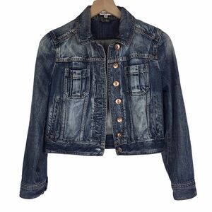 EXPRESS Denim Jean Jacket Acid Wash Distressed Trucker Cropped Boho Size Medium